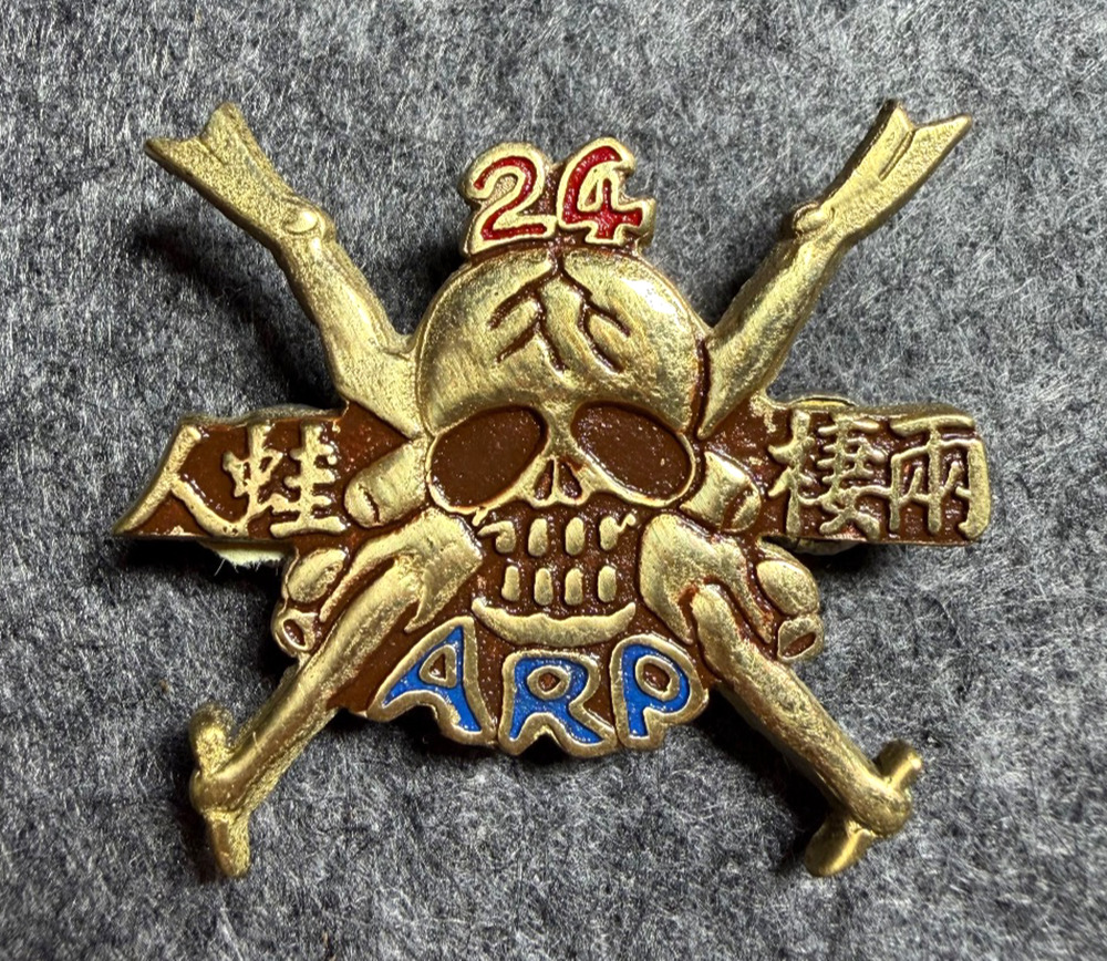 Chinese ARP 24 Skull Crossed Rifles Brass Tone Enamel Badge Pin